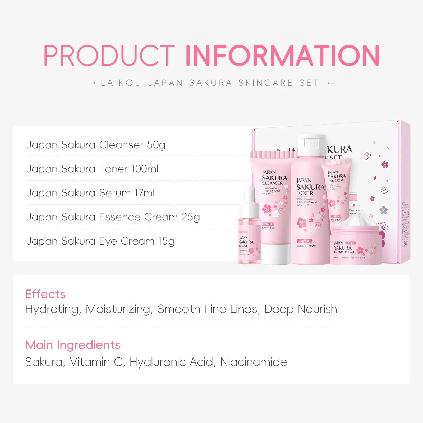 Laikou Sakura Kit Skincare Set 5 Piece Moisturizing Fine Line Reduction Pore Cleanser Niacinamide Brightening Gift Women