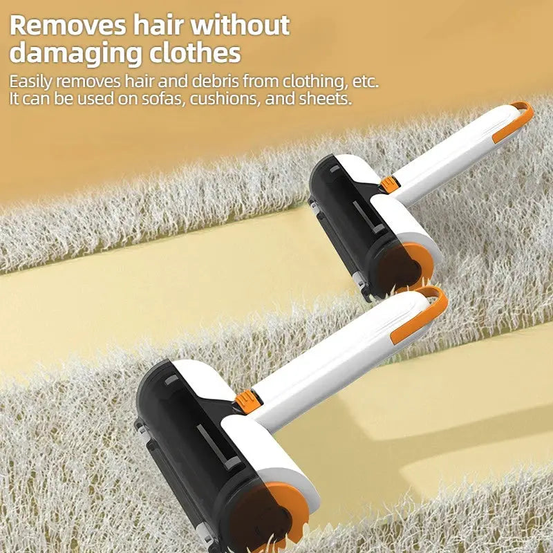 Two-pack multifunctional pet hair remover roller by Simples Market, portable double roller with white and orange accents.