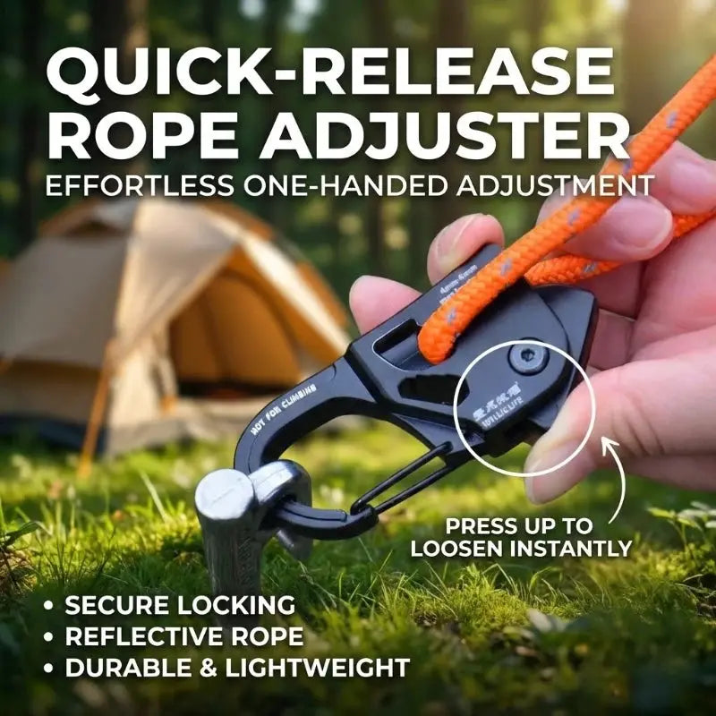Simples Market black aluminum rope tensioner with stainless steel self-lock, fits 2–10mm cords.