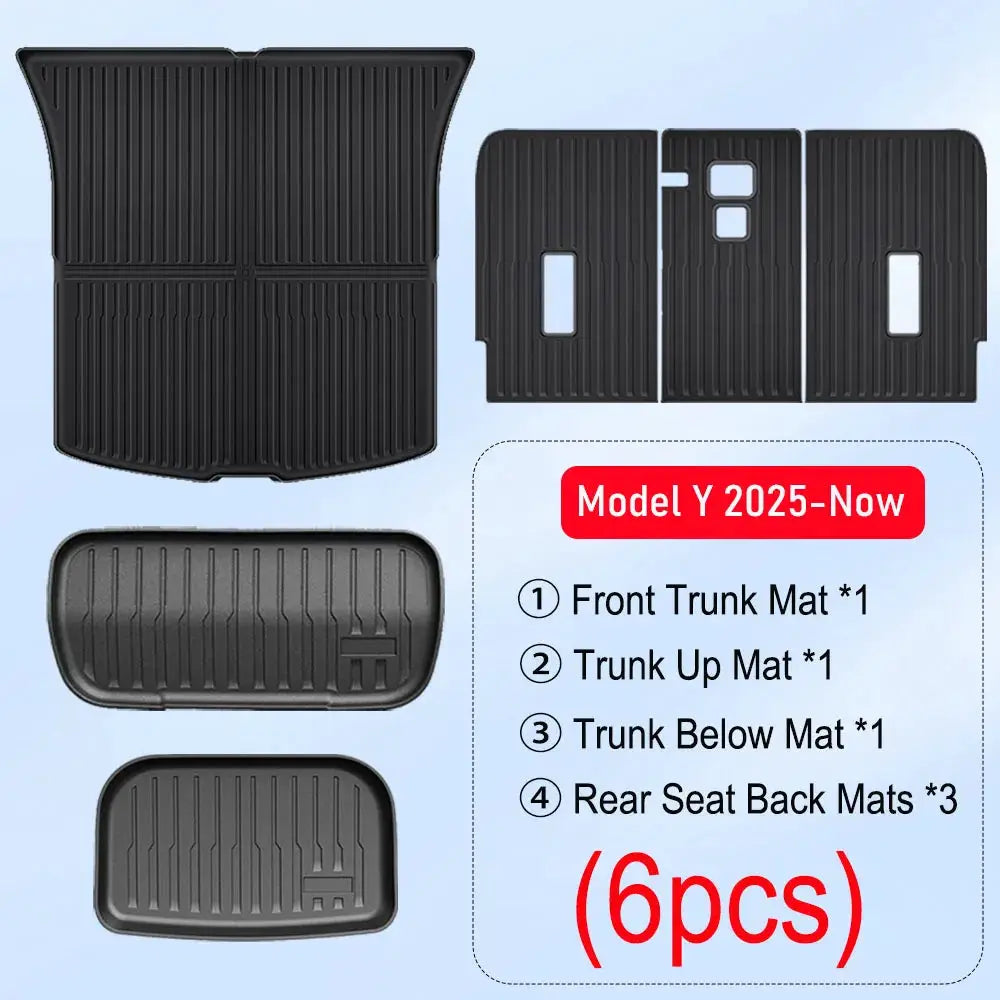 Trunk mat set for Tesla Model Y 2025–Now, 6-piece black rubber by Simples Market