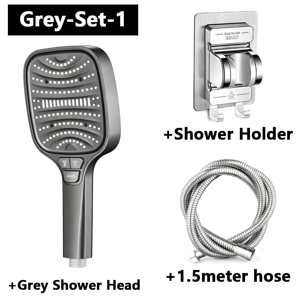 Grey square handheld showerhead with 8 spray modes from Simples Market, includes shower holder and 1.5m hose