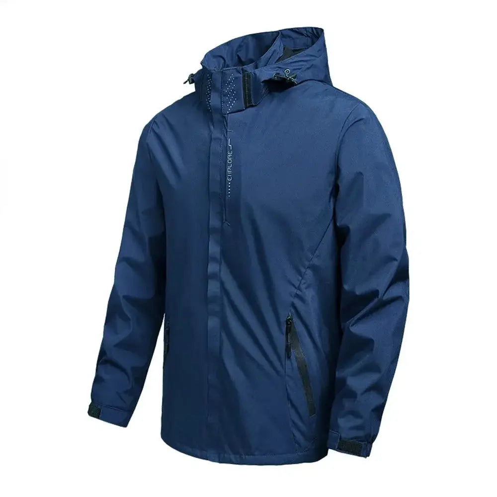 Men's navy blue waterproof rain jacket with hood, lightweight windproof outer by Simples Market
