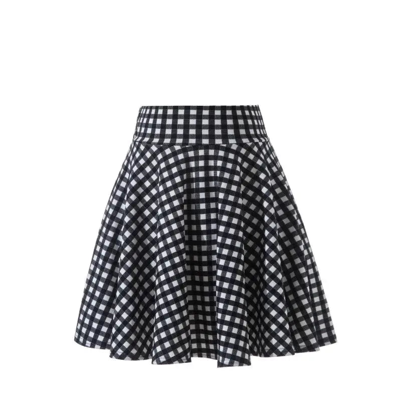Flared black and white gingham skirt, mini length, pleated skater style.