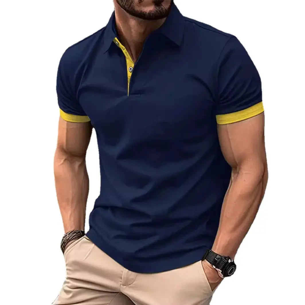 Men's navy polo shirt with yellow contrast trim; short sleeves, lightweight casual wear by Simples Market