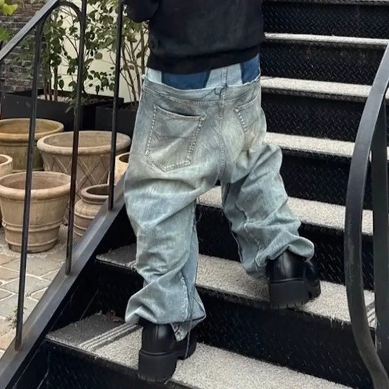 Baggy denim jeans with double-layer waist, light-wash patchwork, loose straight fit