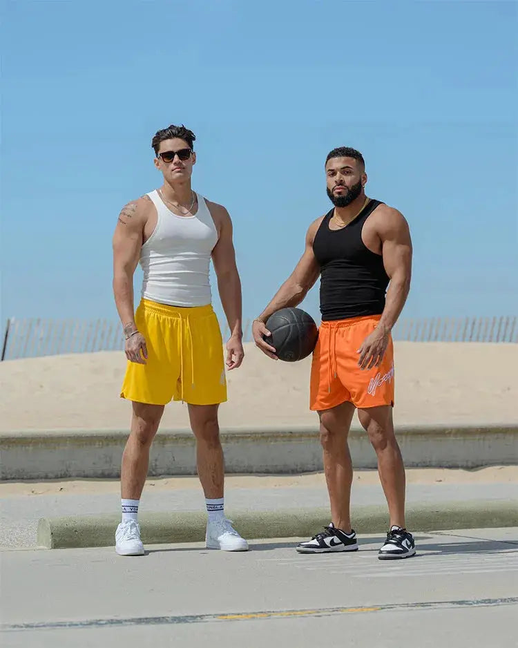 Trend Men's mesh beach swim shorts; quick-dry, loose jogger fit in yellow and orange colors (two pairs)