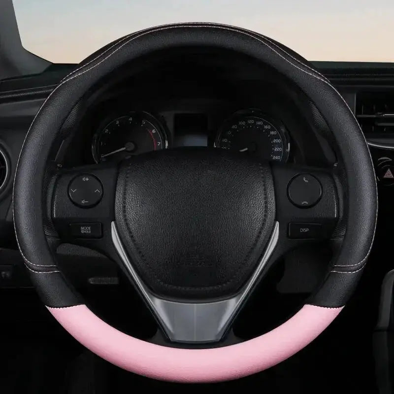 Steering wheel cover, black and pink PU leather, anti-slip, universal fit