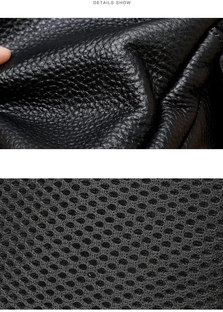 Simples Market black genuine leather chest bag with textured leather surface and mesh fabric detail