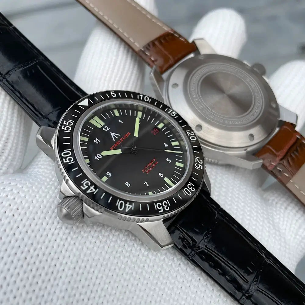 STEELFLIER SF783 NH35 automatic dive watches pair with ceramic bezels, black dials and leather straps