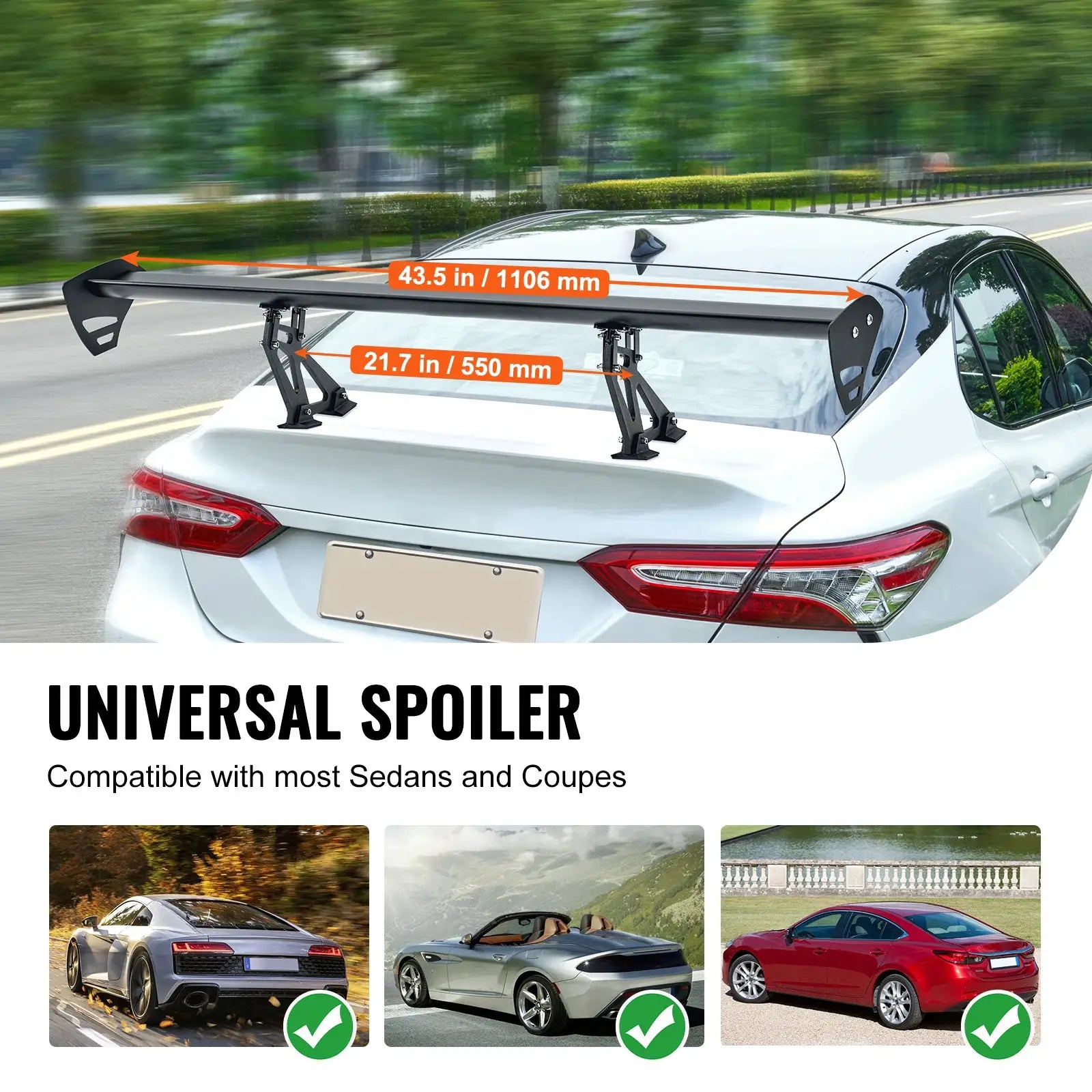 Simples Market SucceBuy GT Wing universal car spoiler, 43.5-inch single-deck adjustable aluminum rear wing on white sedan