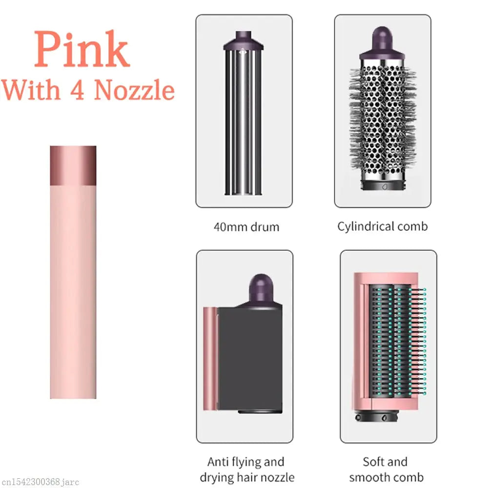 Pink multi hair styler with four attachments: 40mm drum, cylindrical comb, anti-flying nozzle, and soft smooth comb.