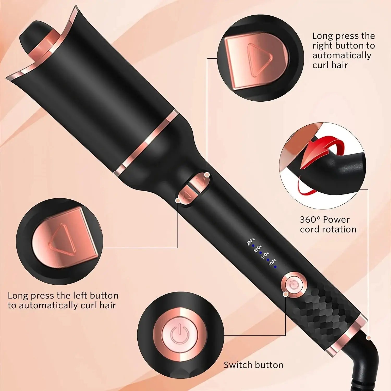 Automatic hair curler Simples Market in black with rose-gold accents, ceramic rotating wand.