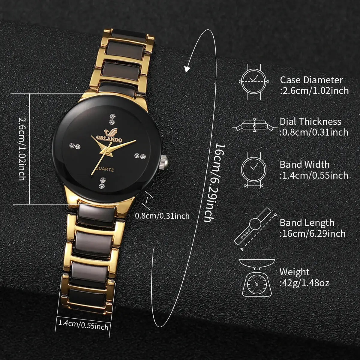 Fashion rhinestone women's watch with gold-tone stainless steel band, black dial and quartz movement by Simples Market.