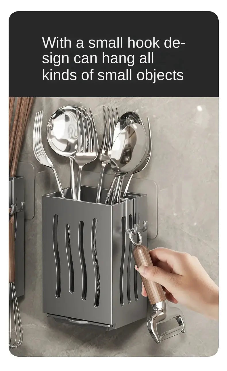 Chopstick storage box, gray metal wall-mounted utensil holder with vertical slots.