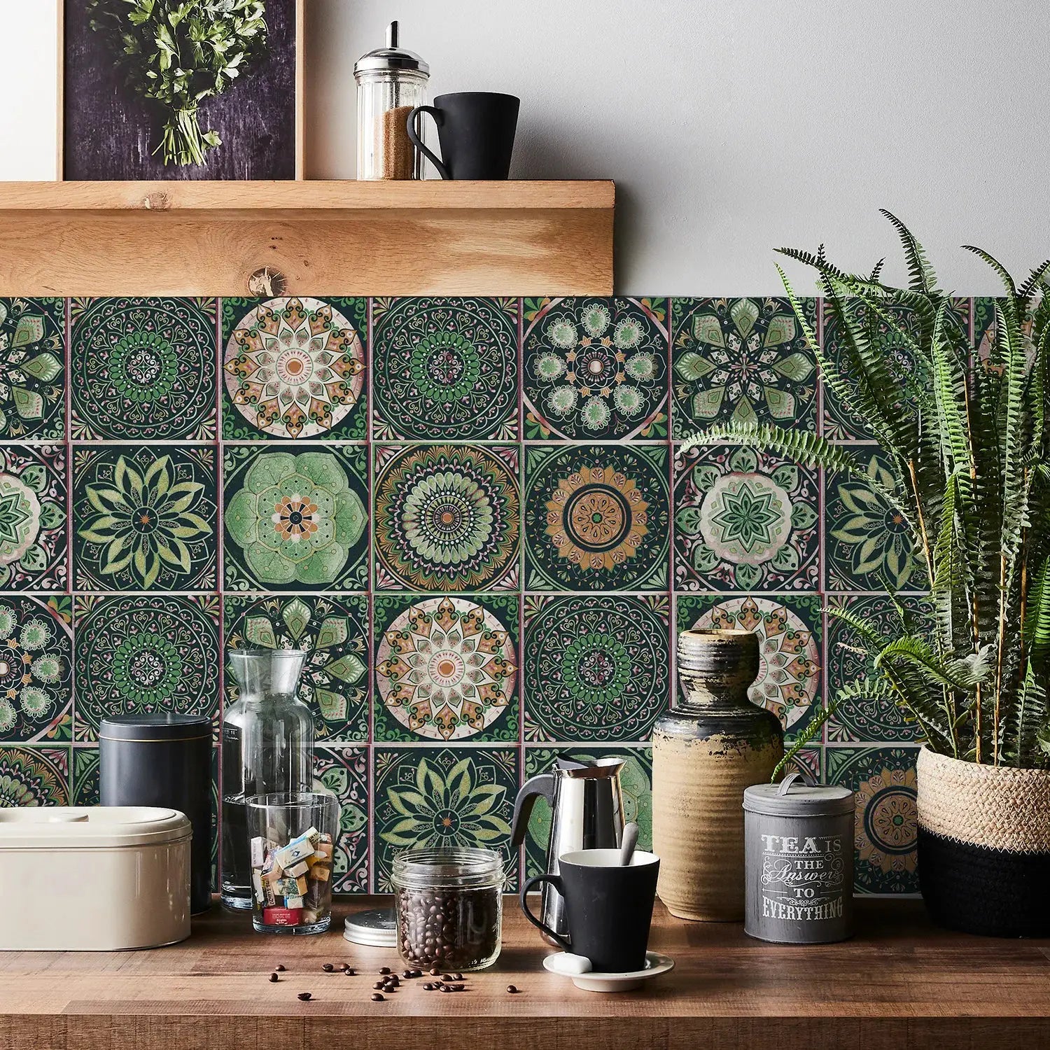 24pcs tile sticker wall decals set with green mandala tile designs for kitchen backsplash, waterproof self-adhesive