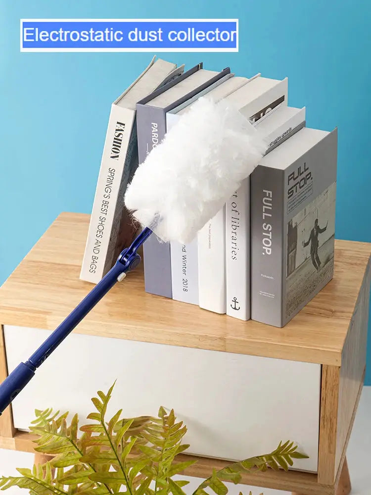 Extended-pole electrostatic dust collector with blue handle and white disposable microfiber cloth.