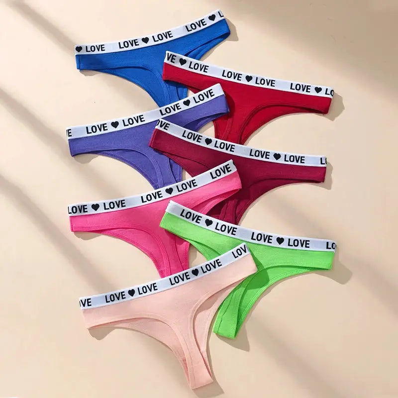 7-pack women’s cotton thong underwear in assorted colors with white LOVE waistband, Simples Market