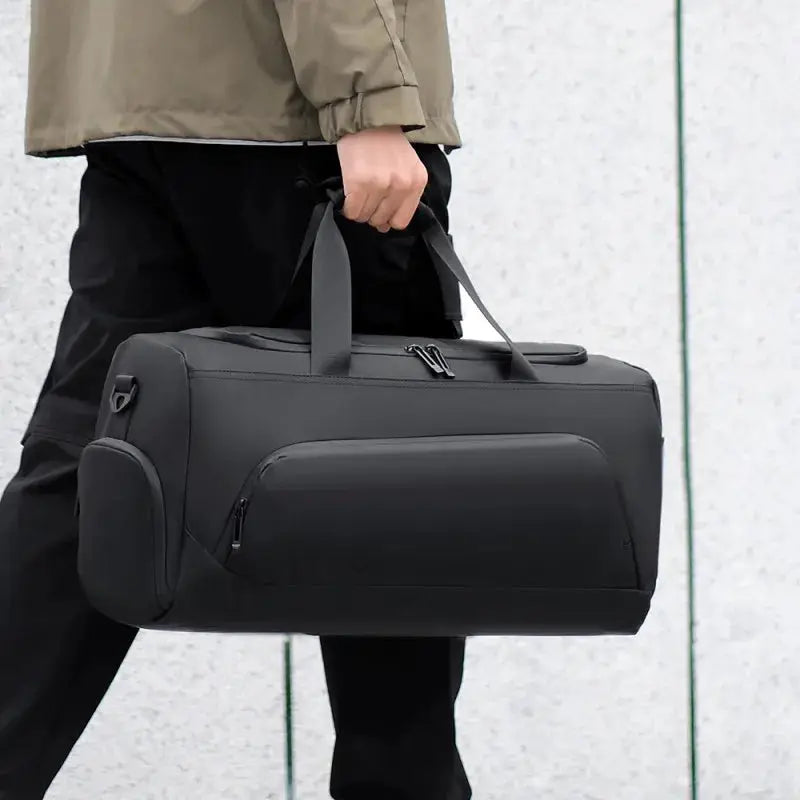 Sports gym bag, black multi-compartment duffel with side pocket and carry handles