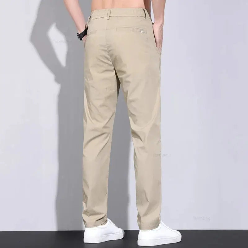 Ultra-thin Elastic Men's Casual Pants by Simples Market, beige khaki slim-straight with elastic waist.