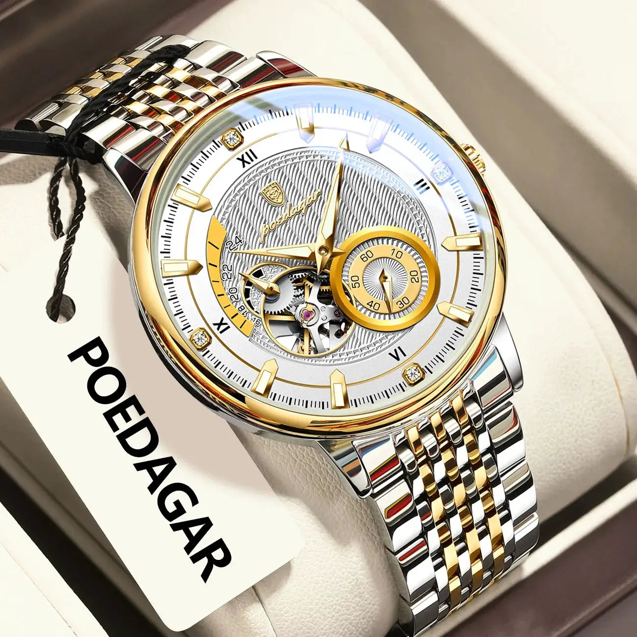 POEDAGAR luxury men's wristwatch with two-tone stainless steel bracelet, gold bezel, skeleton hollow tourbillon dial.