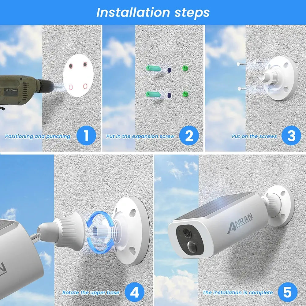 ANRAN outdoor wireless security camera, white, 3MP, solar-powered battery, color night vision