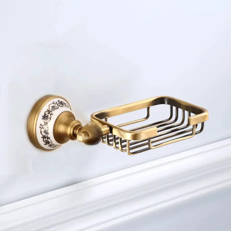 Soap dish holder in antique brushed solid brass with porcelain wall mount by Simples Market