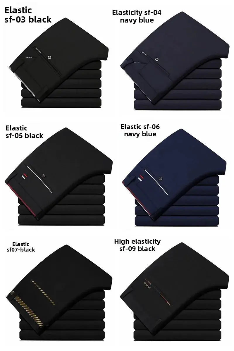 Elastic waist dress pants for men; wrinkle-resistant office trousers, six black and navy variants