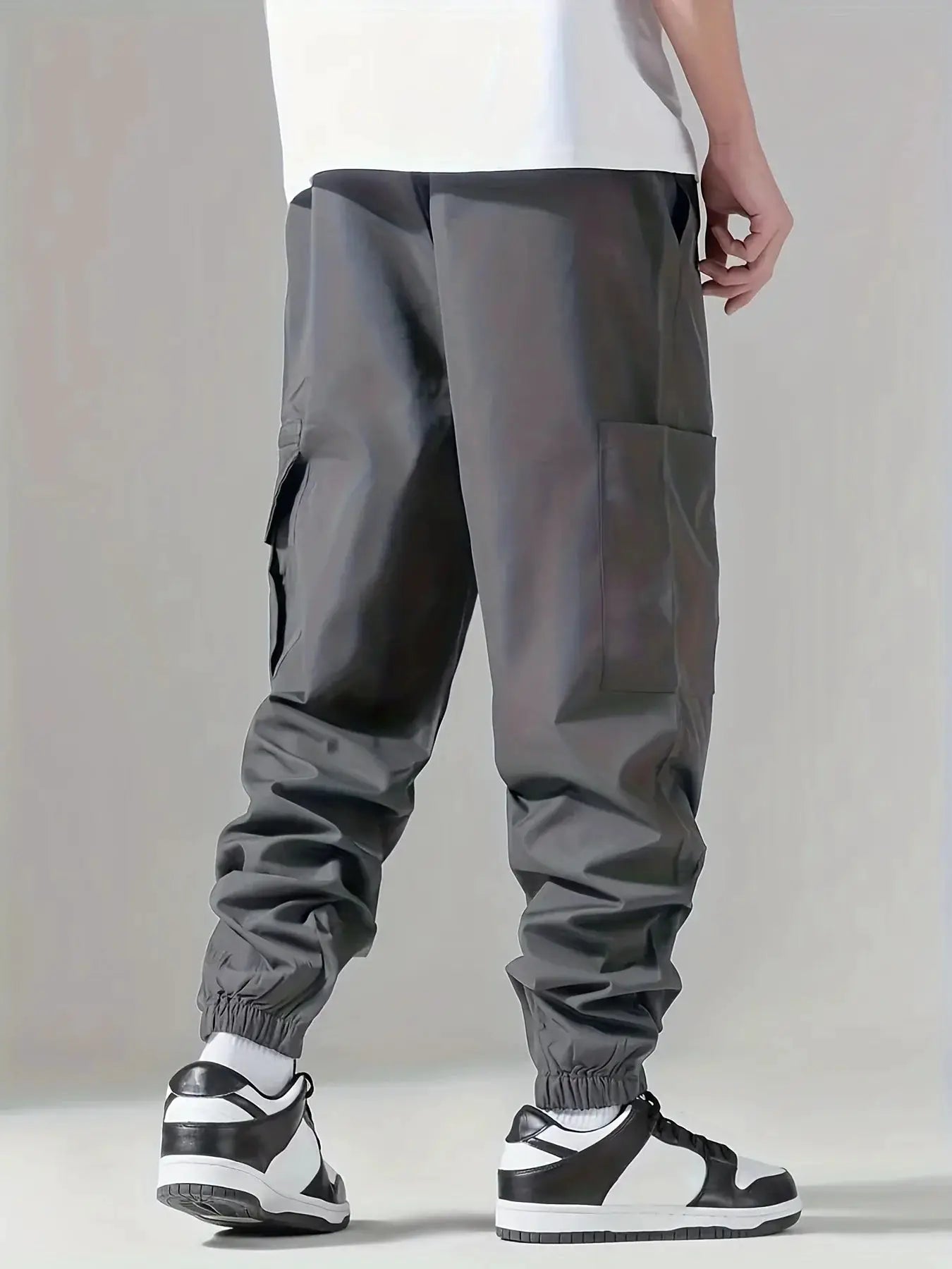 Men's cargo pants, gray lightweight breathable fabric with thigh cargo pocket and elastic ankle cuffs