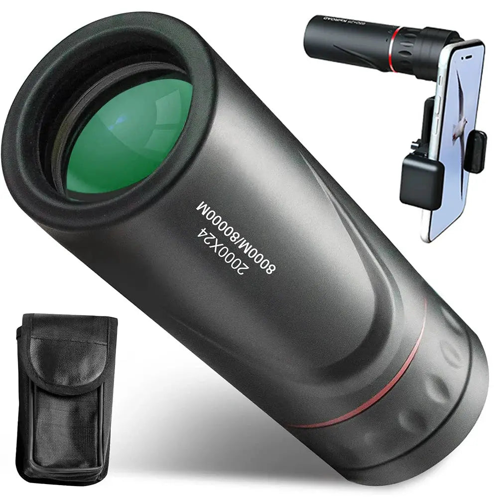 Simples Market monocular telescope 2000X24 HD with phone adapter and pouch; 3-item kit.