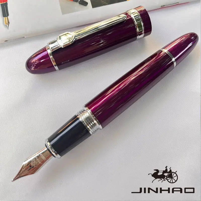 Jinhao 159 fountain pens in deep purple with silver trim; two pens shown, nib exposed.