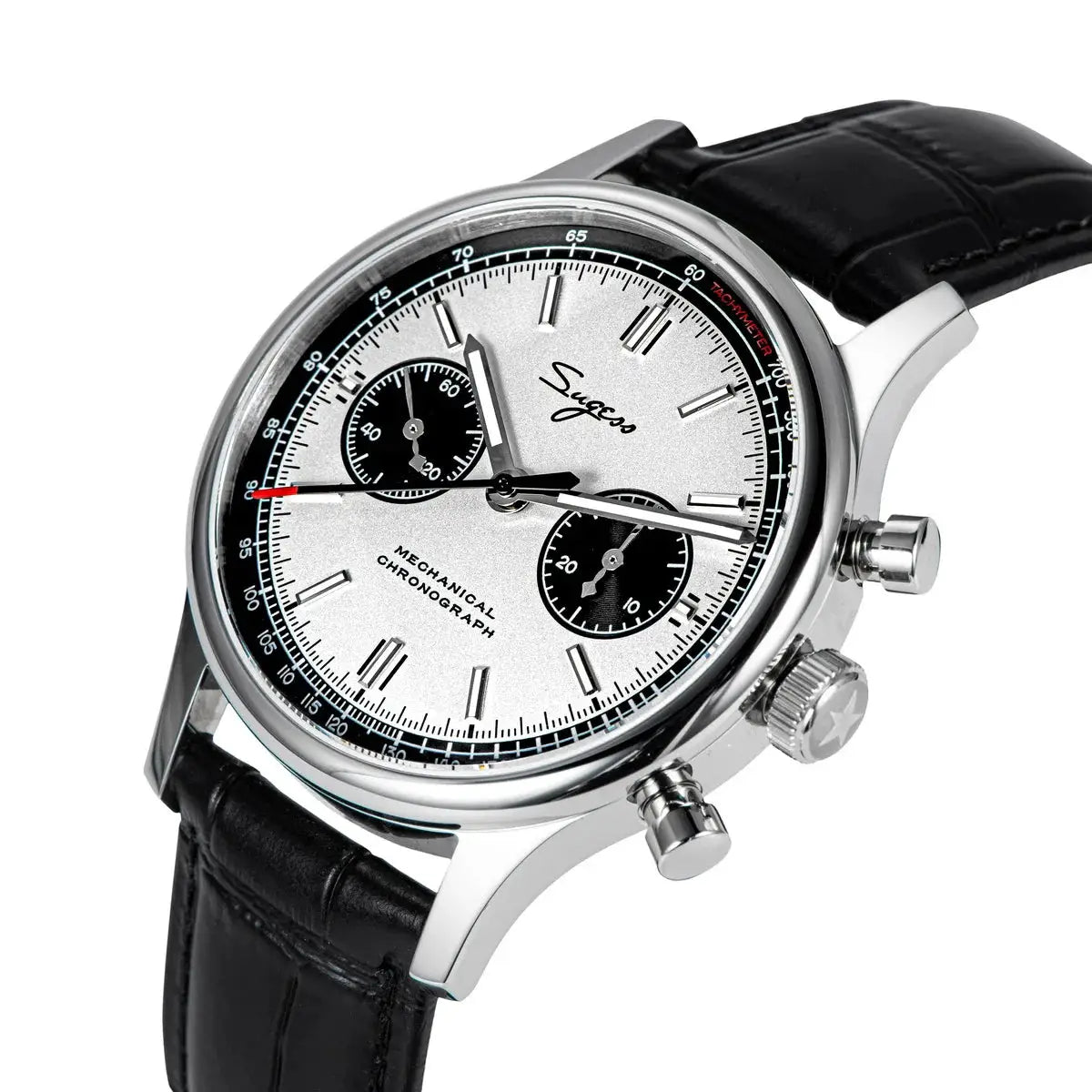 Sugess Panda dial pilot chronograph watch, stainless steel case, black leather strap