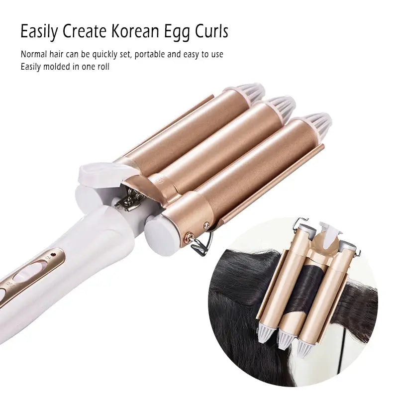 Professional triple-barrel hair curler by Simples Market with rose-gold barrels and white handle