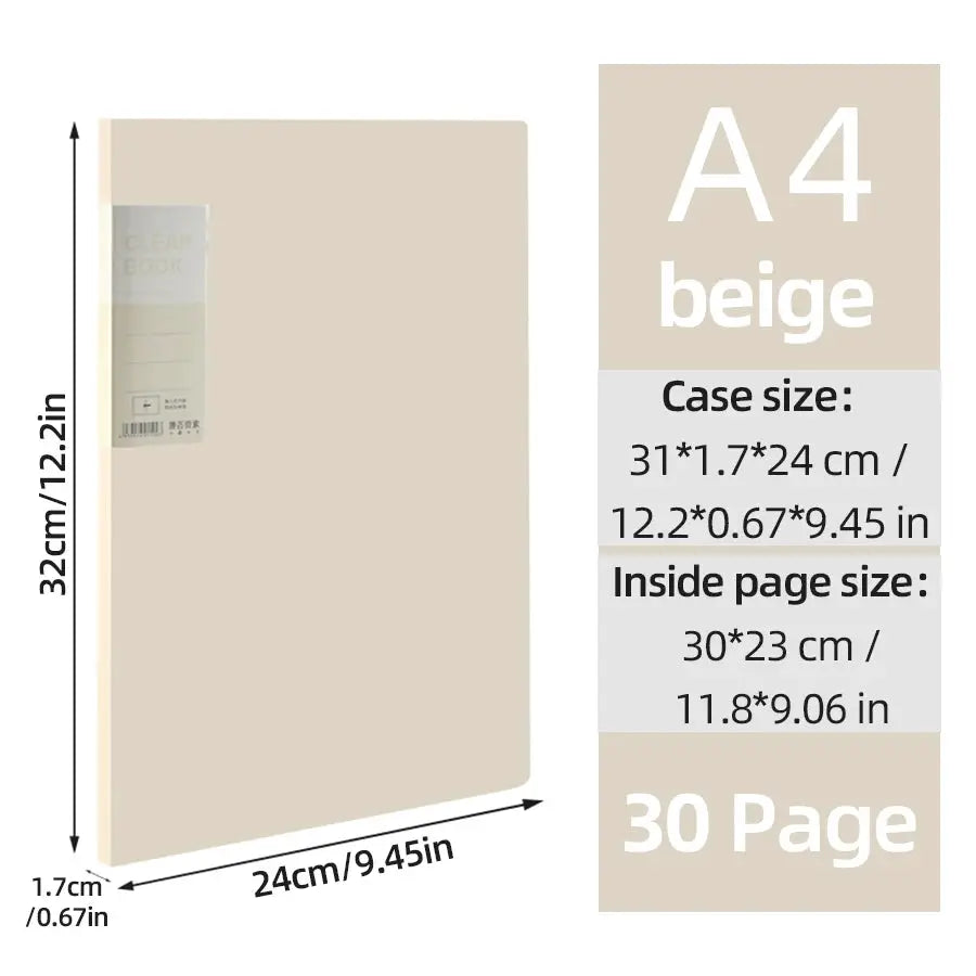 Simples Market A4 beige side-loading document folder with multi-layer transparent organizer and dividers, 30 pages
