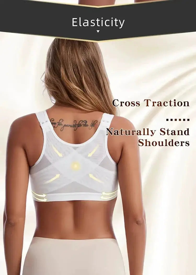 Simples Market white vest bra posture corrector with cross-back design and front-closure lift-up