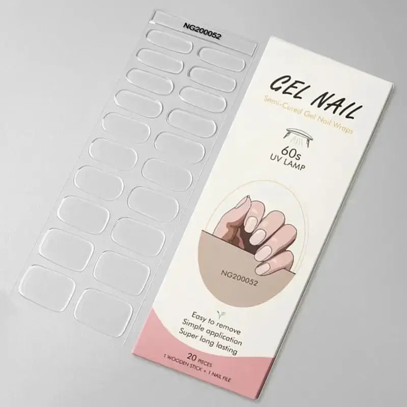 Gel nail wraps set; full-cover semi-cured stickers, white strips for UV lamp manicure, 20 pieces