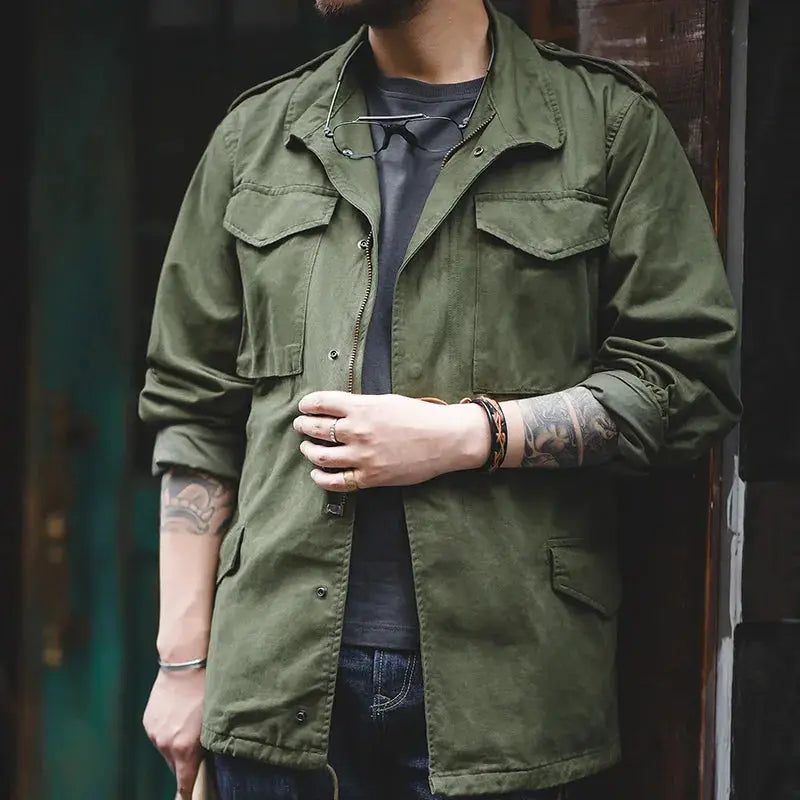 Maden Military M65 field jacket for men, Simples Market green olive windbreaker with lapel collar and pockets