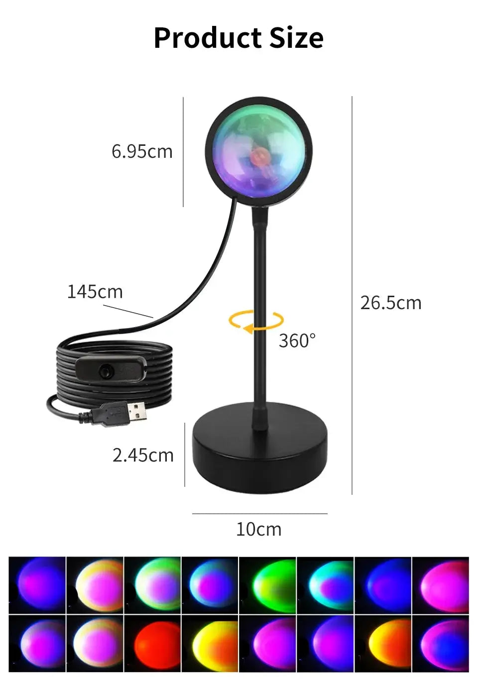 Smart Sunset Lamp by Simples Market, RGB color-changing projector on adjustable stand, USB powered, 360° rotatable head