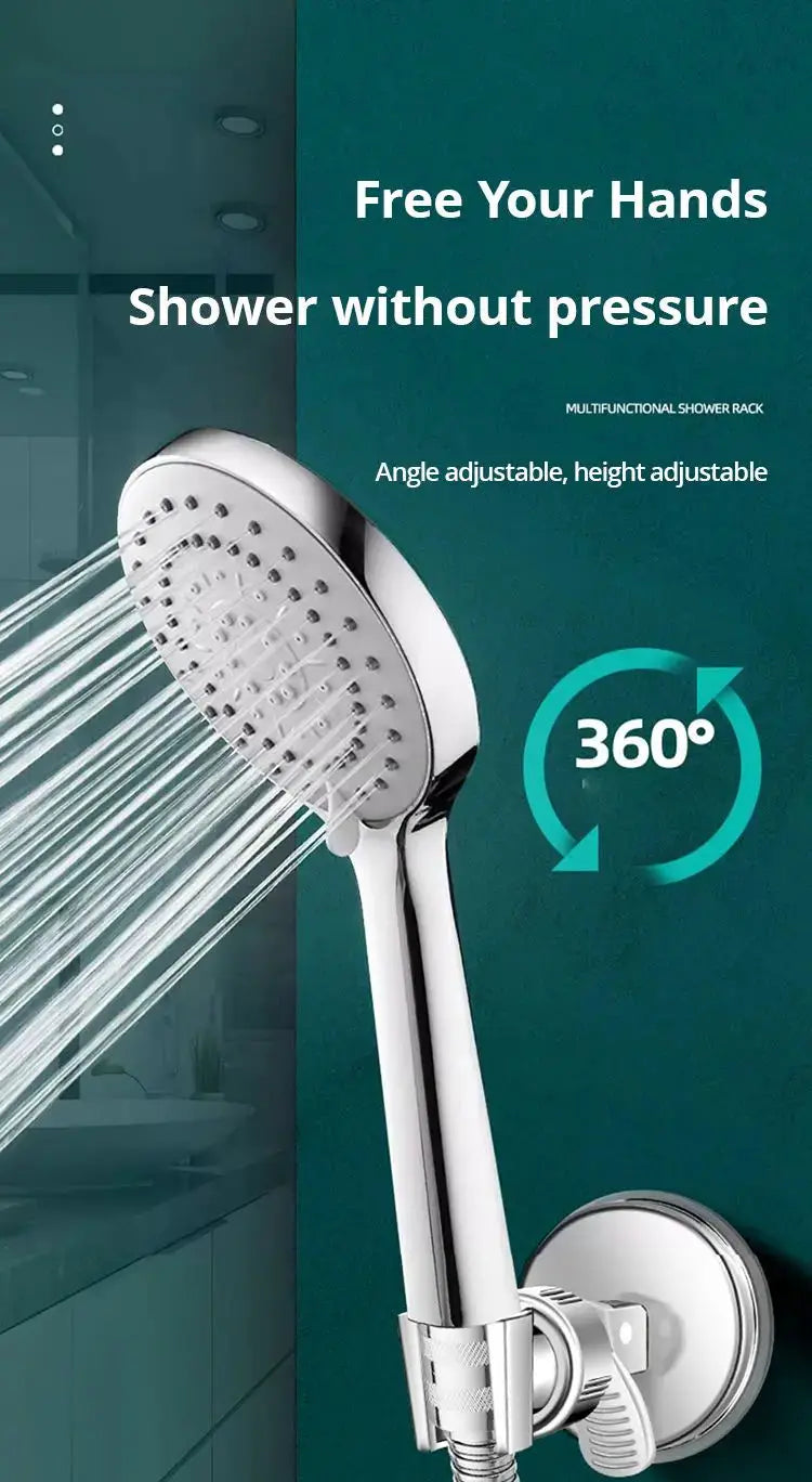 Simples Market chrome handheld shower head with suction cup mount; adjustable angle and 360° rotation
