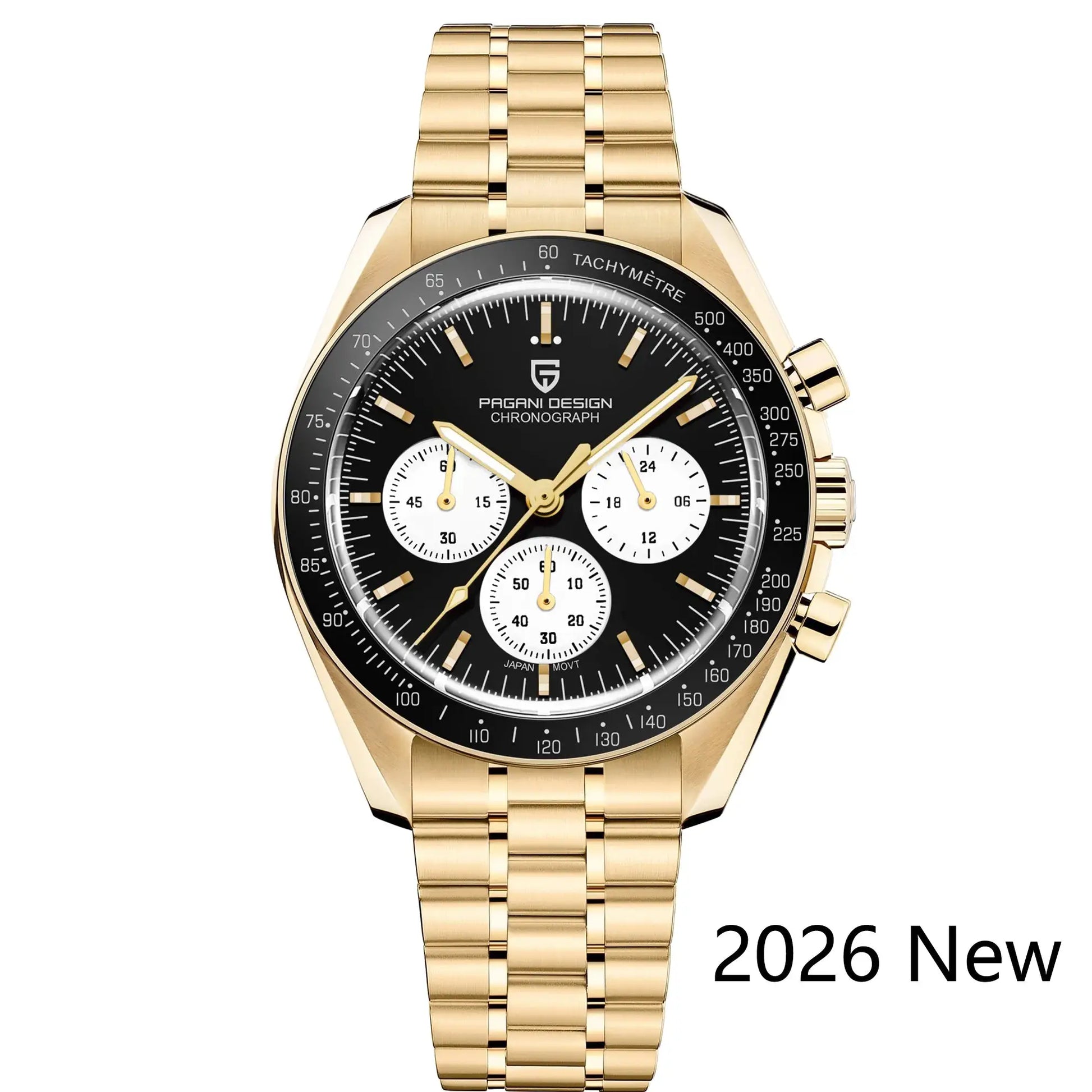 Pagani Design men's gold-tone chronograph watch with black dial, tachymeter bezel and stainless steel bracelet.