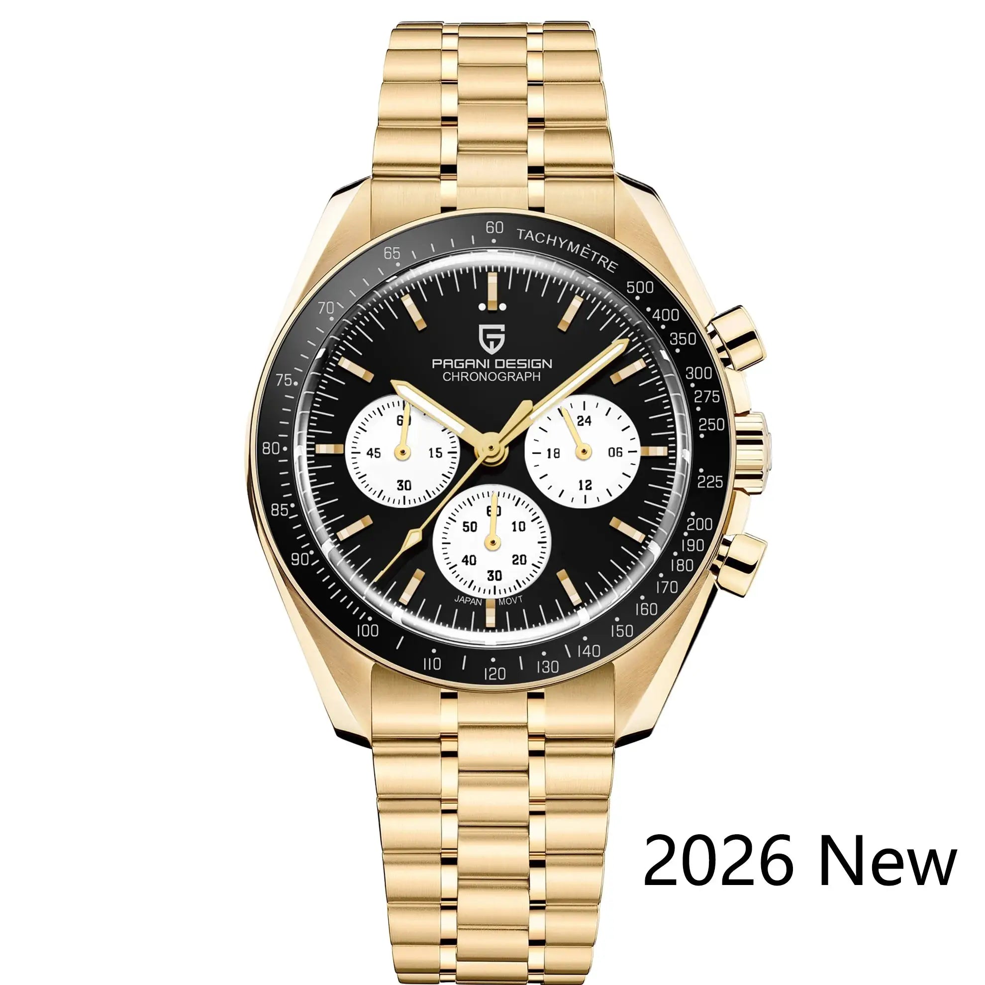 Pagani Design men's gold-tone chronograph watch with black dial, tachymeter bezel and stainless steel bracelet.