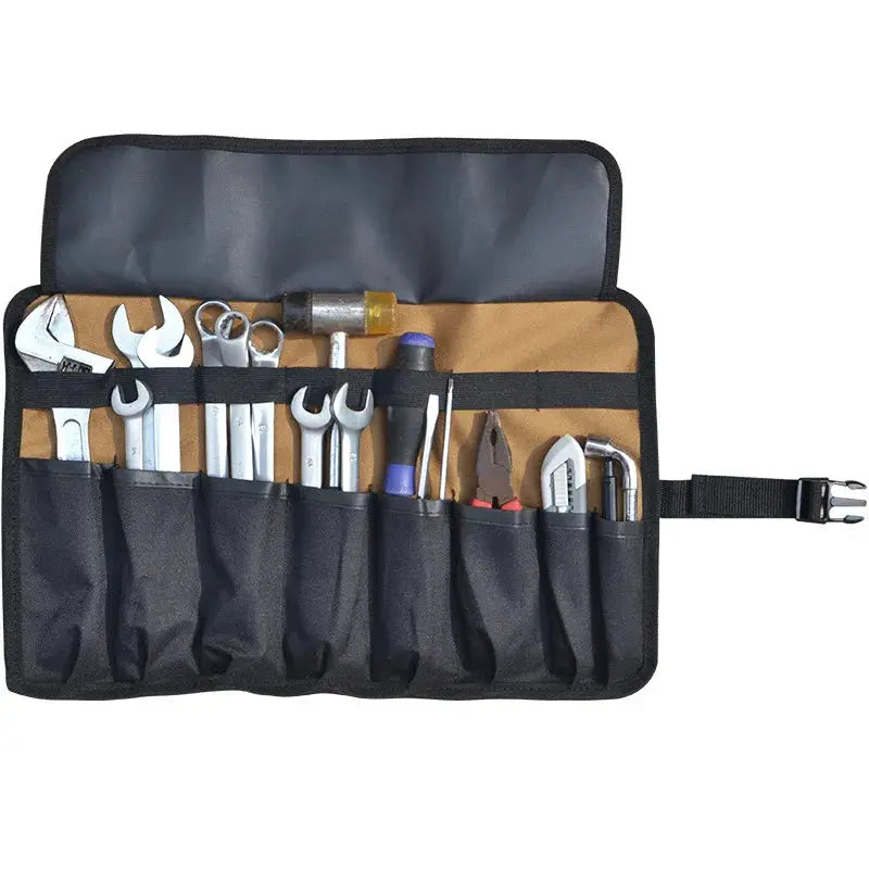 Oxford cloth tool roll pouch with black exterior and tan interior, holding wrenches, pliers, hammer and screwdriver