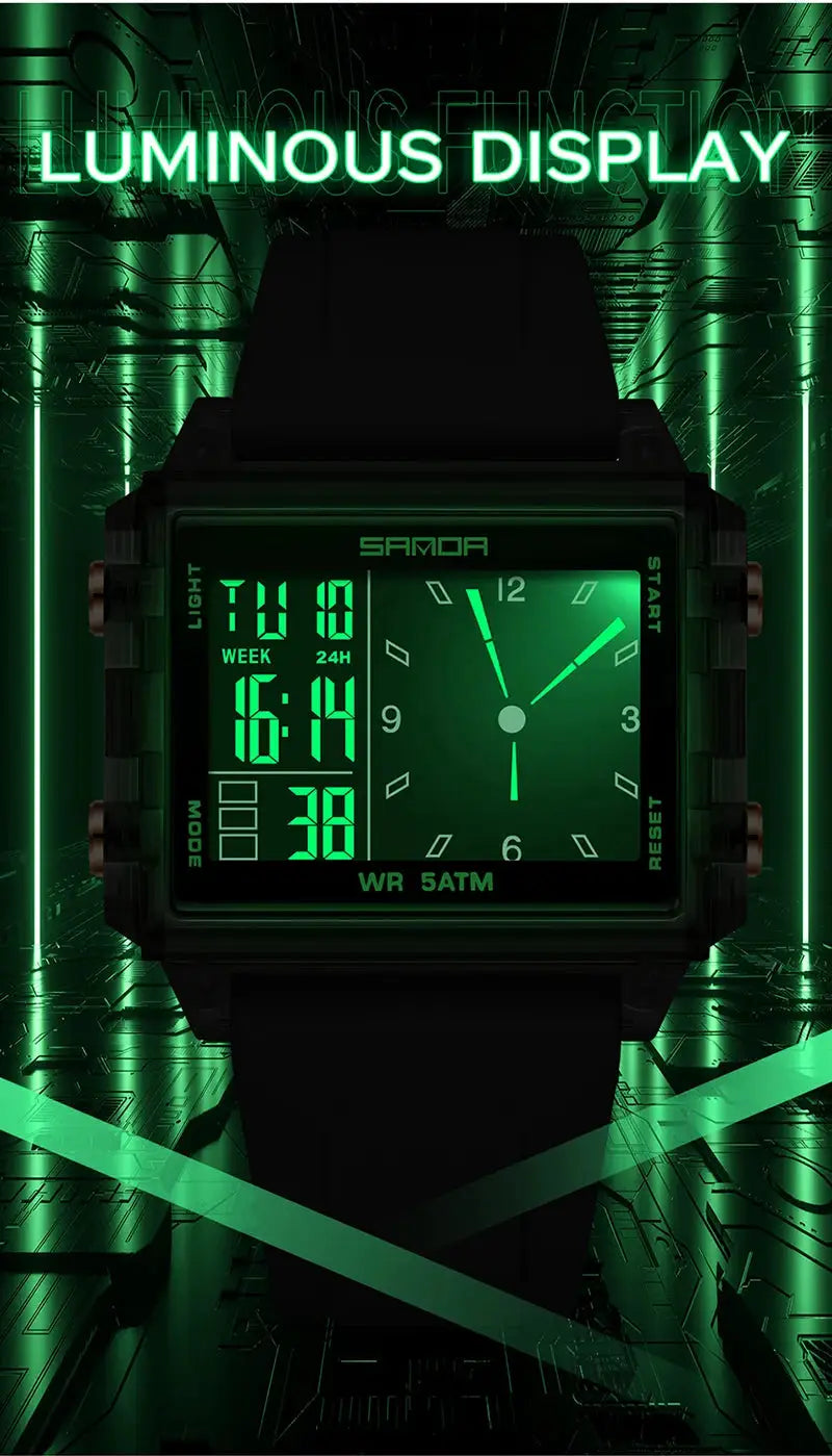 SANDA 6273 square dual-time wristwatch; Samoa brand, green luminous display, black strap