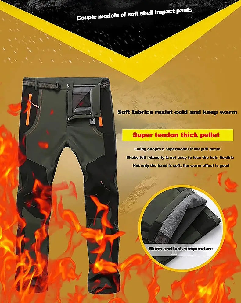 JNLN olive green men's thick warm fleece hiking pants, Simples Market, waterproof windproof soft-shell rain trousers