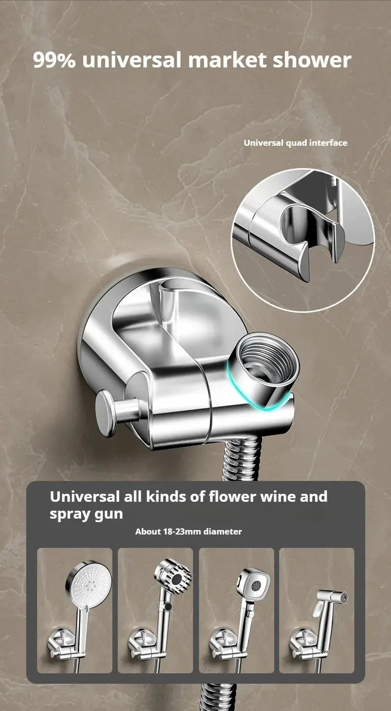 Simples Market chrome round shower head holder, adjustable wall-mounted self-adhesive bracket for handheld showers.