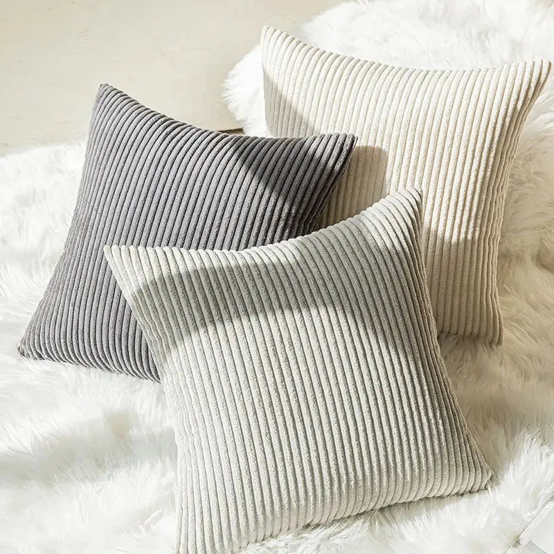 3-pack corduroy pillow covers in cream, beige and grey; plush cushion covers for sofa.