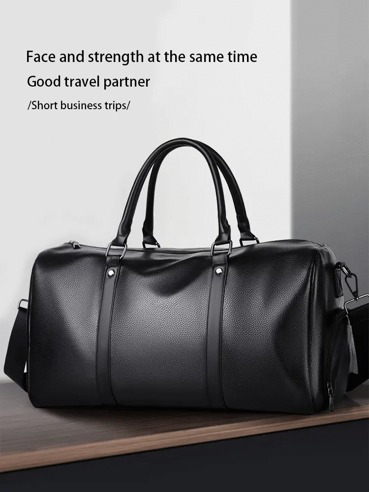 Black PU leather duffel bag with dual top handles and large-capacity sports travel bag