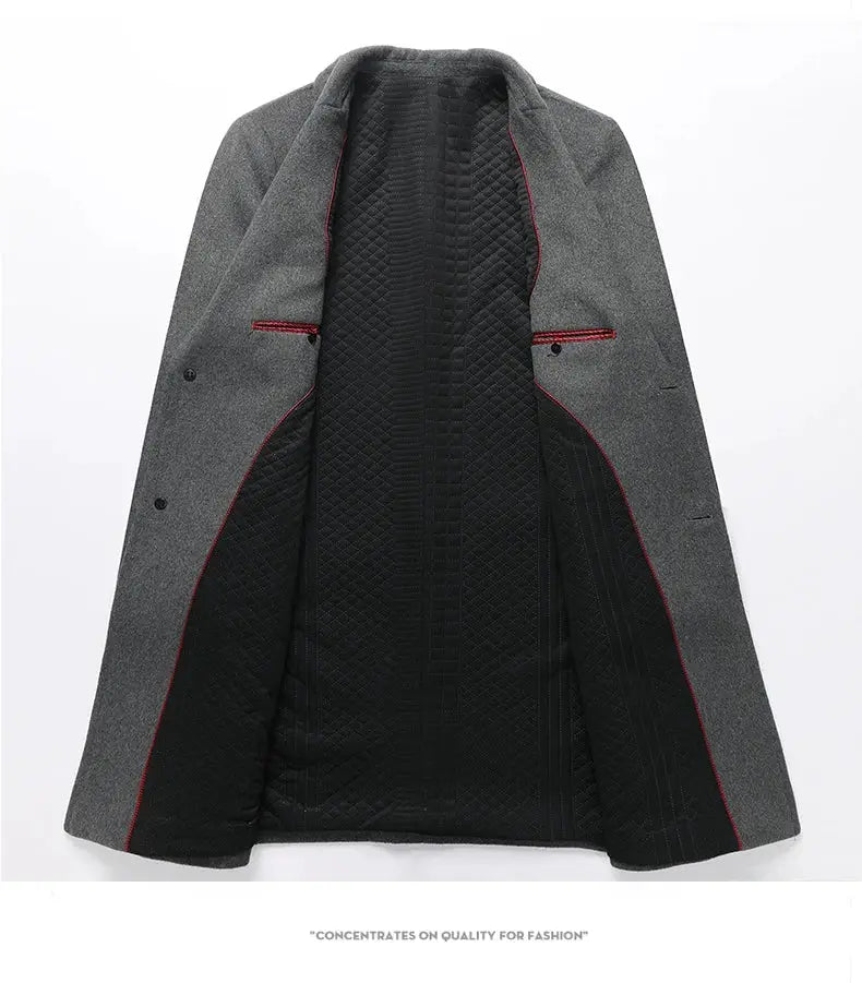 Simples Market men's gray wool trench coat, long winter jacket with black quilted lining and red piping.