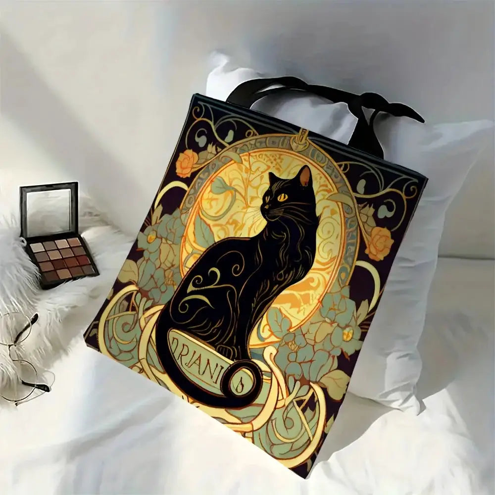 Retro Art Noble Black Cat Linen Tote Bag Lightweight Shoulder Tote For Daily Use