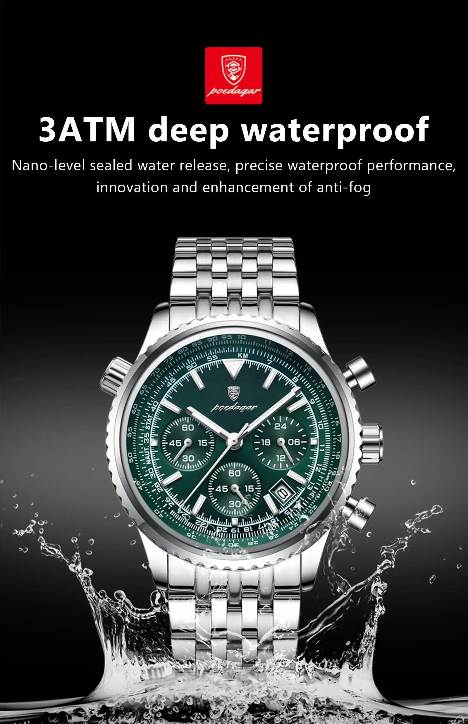 POEDAGAR stainless steel men's chronograph watch with green dial, date subdials, luminous hands, waterproof 3ATM.