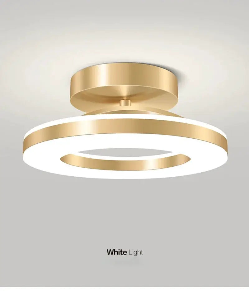 Modern LED ceiling lamp with gold ring design and white light.